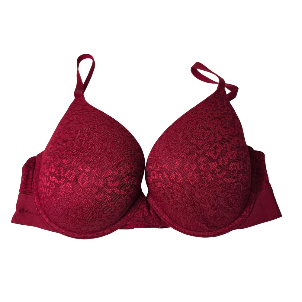 PINK Victoria's Secret Bra Womens 36D Red Wear Everywhere Push-Up Leopard Lace